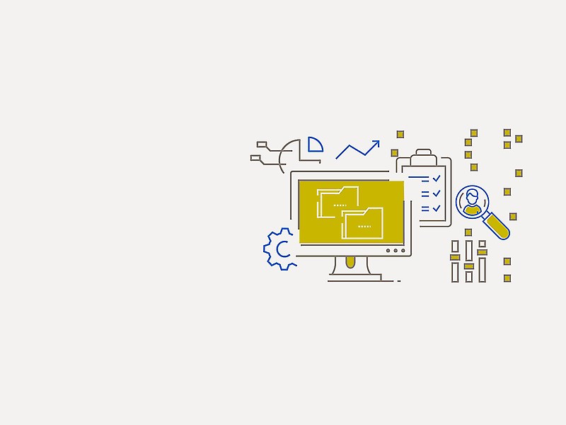 Illustration mit Kopf, Zahnrad und Statistiksymbolen